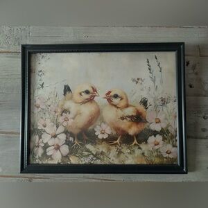 Charming Spring Chicks Framed 8x10 Art Print - Rustic Floral Meadow Farmhouse